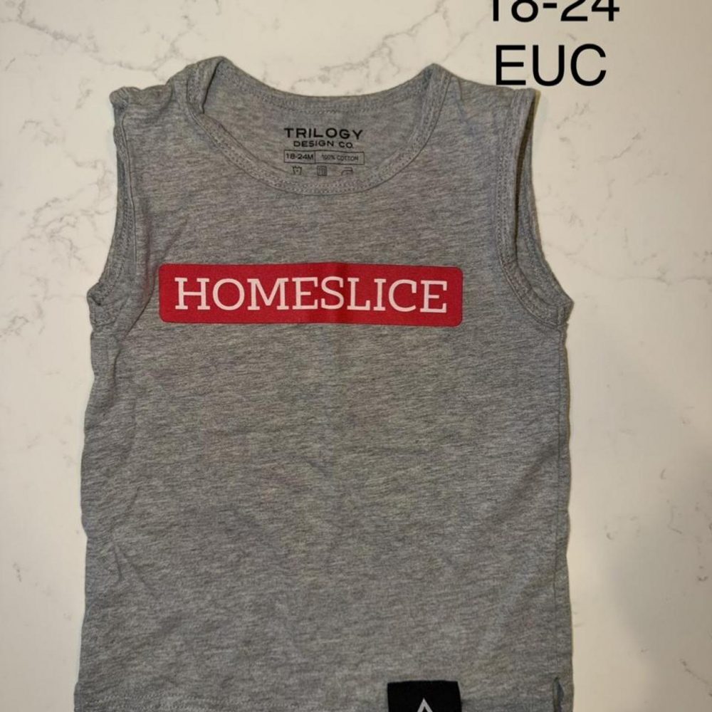 Gray Trilogy tank top with red 'HOMESLICE' text #trilogy #tanktop